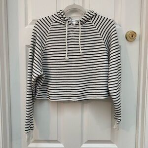 Divided Black and White Striped Cropped Hoodie - M